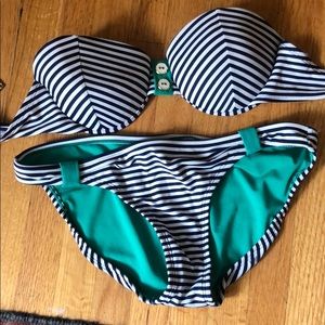Navy and white striped bikini with green accents